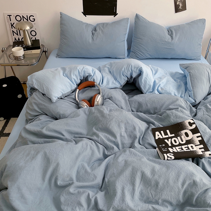 91家纺网 家纺一手货源 找家纺 卡斯诺家纺馆 2026新款水洗棉纯色双拼四件套（下载文件包含买家秀） 雾蓝天蓝