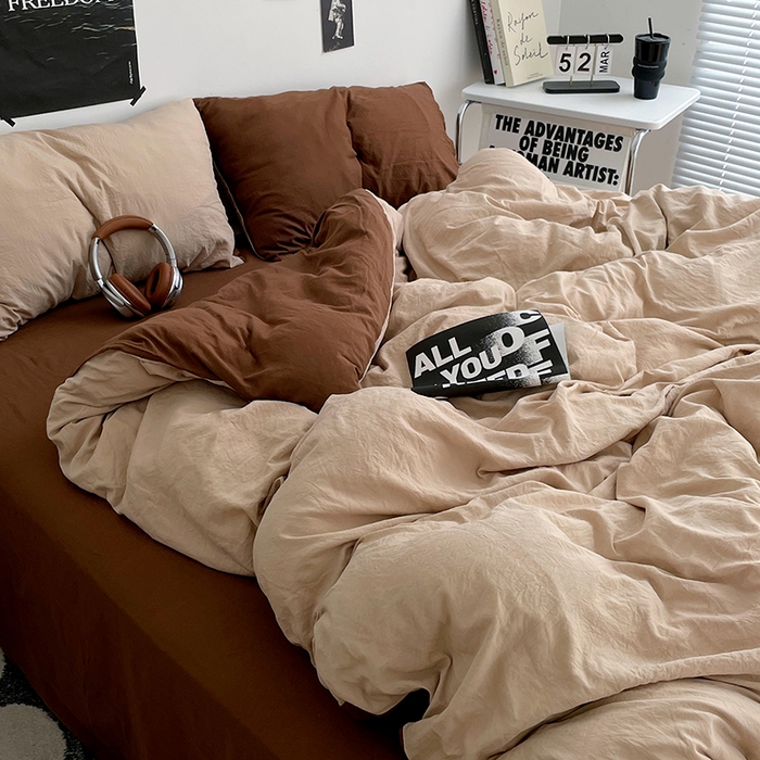 91家纺网 家纺一手货源 找家纺 卡斯诺家纺馆 2026新款水洗棉纯色双拼四件套（下载文件包含买家秀） 卡其深咖