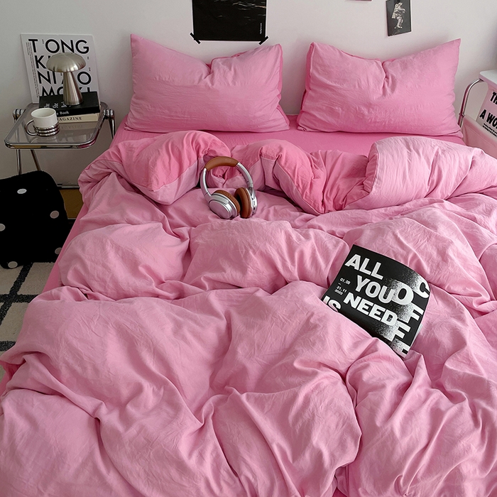 91家纺网 家纺一手货源 找家纺 卡斯诺家纺馆 2026新款水洗棉纯色双拼四件套（下载文件包含买家秀） 浅粉玫红