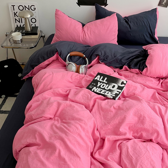 91家纺网 家纺一手货源 找家纺 卡斯诺家纺馆 2026新款水洗棉纯色双拼四件套（下载文件包含买家秀） 玫红藏青