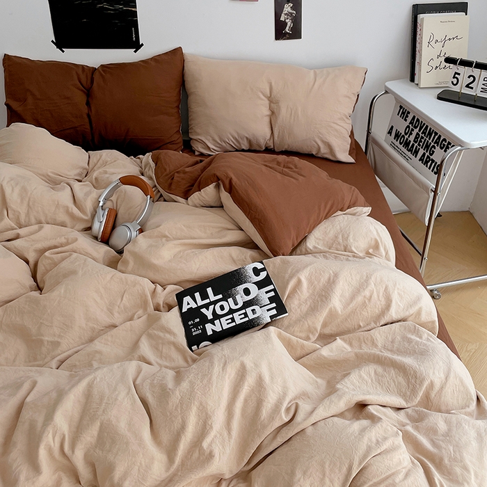 91家纺网 家纺一手货源 找家纺 卡斯诺家纺馆 2026新款水洗棉纯色双拼四件套（下载文件包含买家秀） 卡其深咖