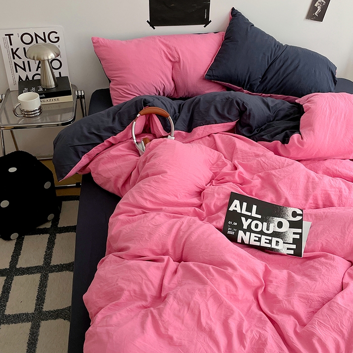 91家纺网 家纺一手货源 找家纺 卡斯诺家纺馆 2026新款水洗棉纯色双拼四件套（下载文件包含买家秀） 玫红藏青