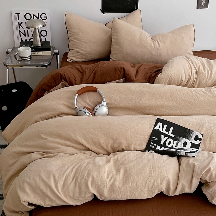 91家纺网 家纺一手货源 找家纺 卡斯诺家纺馆 2026新款水洗棉纯色双拼四件套（下载文件包含买家秀） 卡其深咖