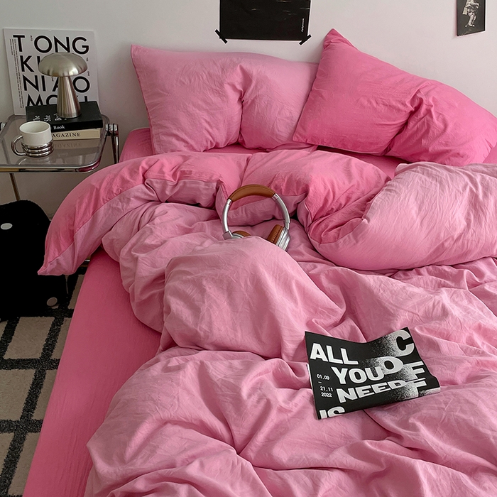 91家纺网 家纺一手货源 找家纺 卡斯诺家纺馆 2026新款水洗棉纯色双拼四件套（下载文件包含买家秀） 浅粉玫红