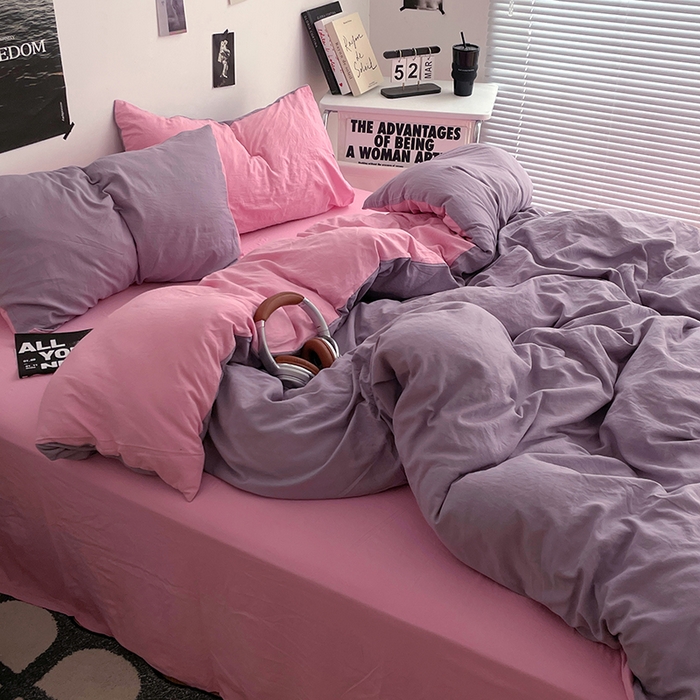 91家纺网 家纺一手货源 找家纺 卡斯诺家纺馆 2026新款水洗棉纯色双拼四件套（下载文件包含买家秀） 魅紫浅粉