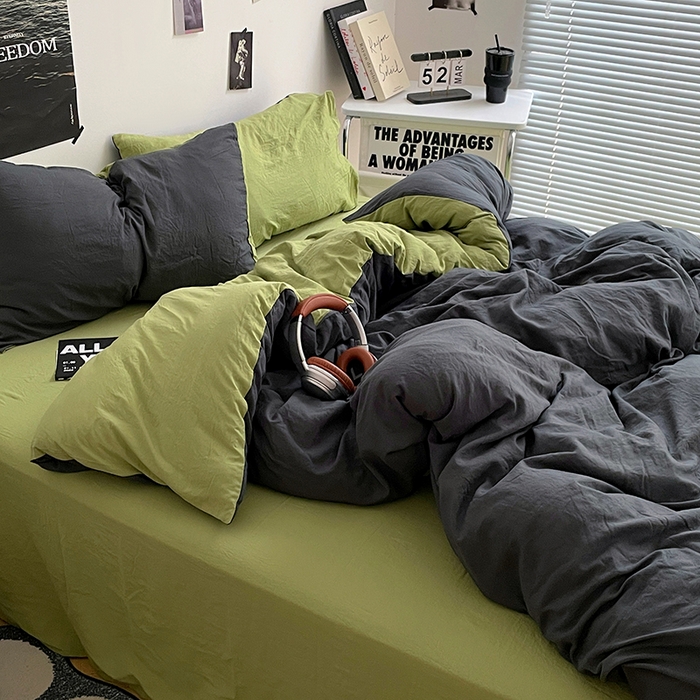 91家纺网 家纺一手货源 找家纺 卡斯诺家纺馆 2026新款水洗棉纯色双拼四件套（下载文件包含买家秀） 深灰茶绿