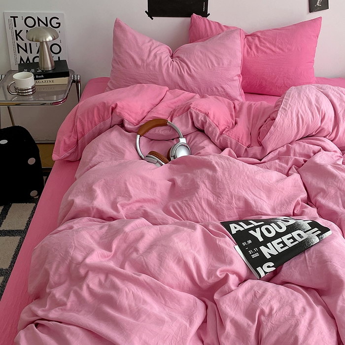 91家纺网 家纺一手货源 找家纺 卡斯诺家纺馆 2026新款水洗棉纯色双拼四件套（下载文件包含买家秀） 浅粉玫红