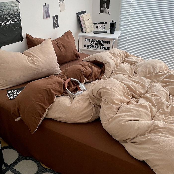 91家纺网 家纺一手货源 找家纺 卡斯诺家纺馆 2026新款水洗棉纯色双拼四件套（下载文件包含买家秀） 卡其深咖