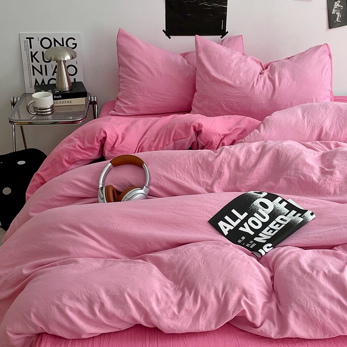 91家纺网 家纺一手货源 找家纺 卡斯诺家纺馆 2026新款水洗棉纯色双拼四件套（下载文件包含买家秀） 浅粉玫红