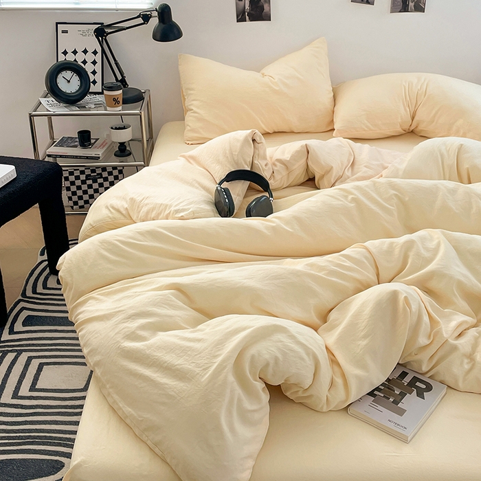 91家纺网 家纺一手货源 找家纺 卡斯诺家纺馆 2026新款水洗棉纯色双拼四件套（下载文件包含买家秀） 纯奶黄