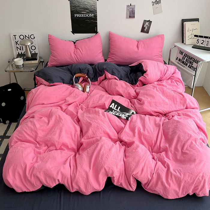 卡斯诺家纺馆 2026新款水洗棉纯色双拼四件套（下载文件包含买家秀） 玫红藏青