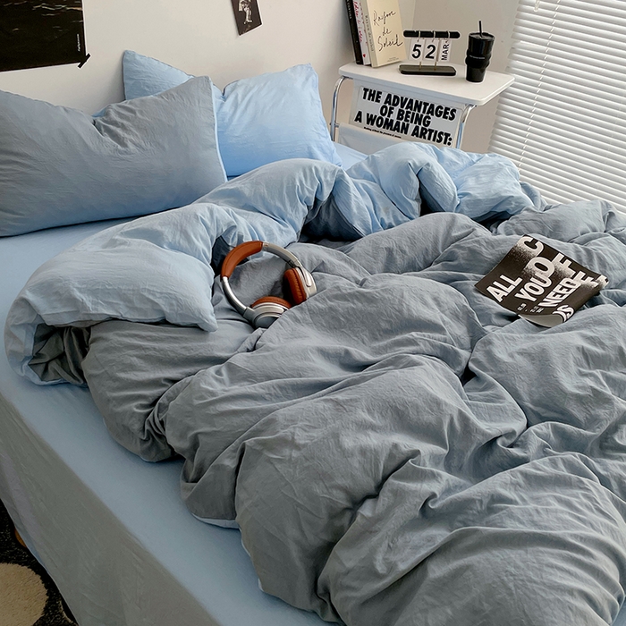 91家纺网 家纺一手货源 找家纺 卡斯诺家纺馆 2026新款水洗棉纯色双拼四件套（下载文件包含买家秀） 雾蓝天蓝