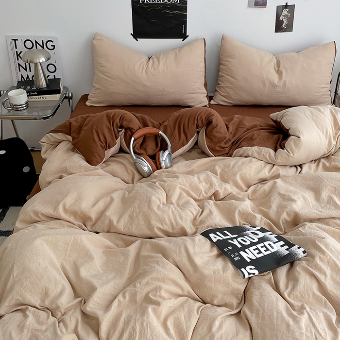 91家纺网 家纺一手货源 找家纺 卡斯诺家纺馆 2026新款水洗棉纯色双拼四件套（下载文件包含买家秀） 卡其深咖