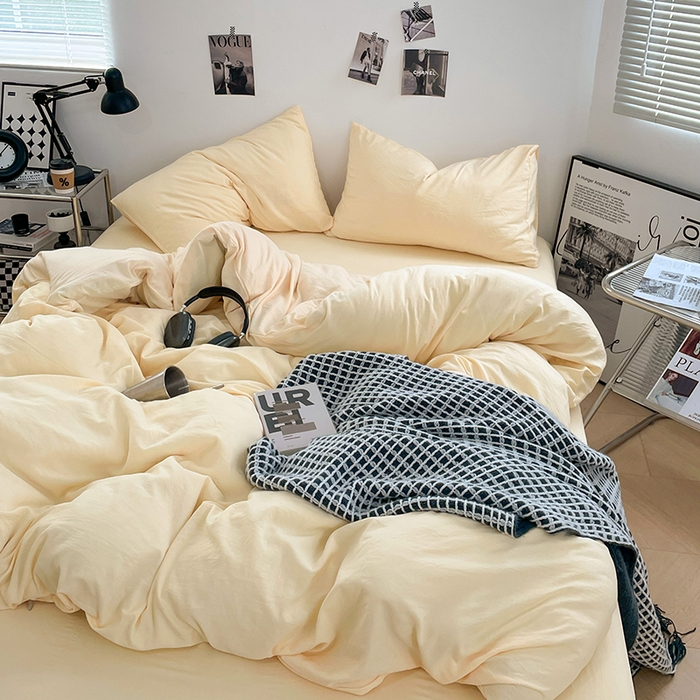 91家纺网 家纺一手货源 找家纺 卡斯诺家纺馆 2026新款水洗棉纯色双拼四件套（下载文件包含买家秀） 纯奶黄