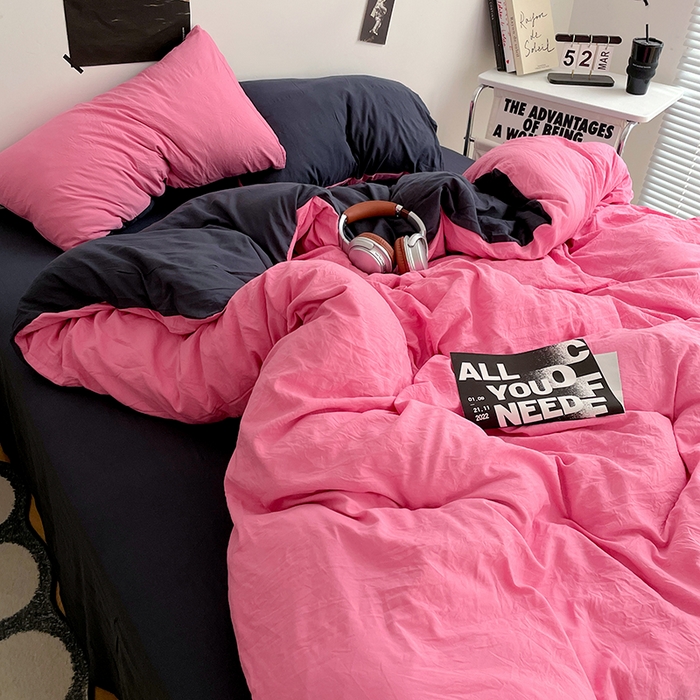 91家纺网 家纺一手货源 找家纺 卡斯诺家纺馆 2026新款水洗棉纯色双拼四件套（下载文件包含买家秀） 玫红藏青