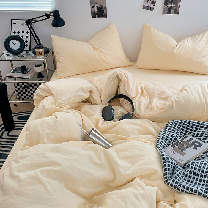 91家纺网 家纺一手货源 找家纺 卡斯诺家纺馆 2026新款水洗棉纯色双拼四件套（下载文件包含买家秀） 纯奶黄