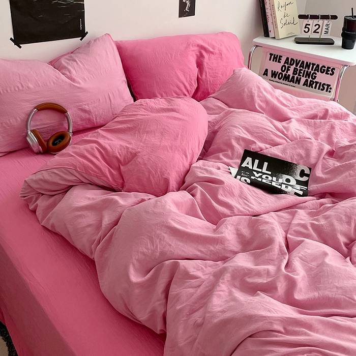 91家纺网 家纺一手货源 找家纺 卡斯诺家纺馆 2026新款水洗棉纯色双拼四件套（下载文件包含买家秀） 浅粉玫红