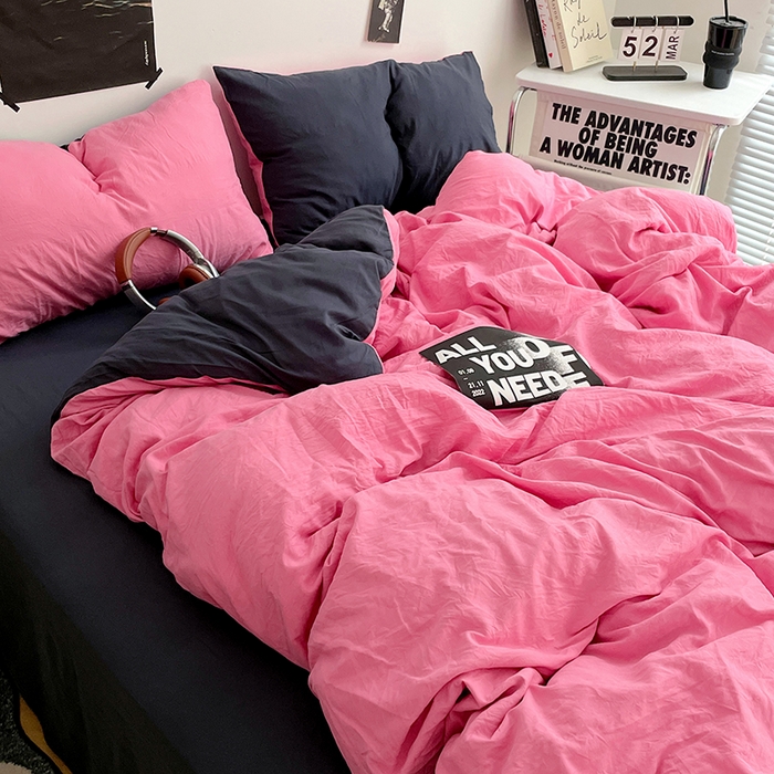 91家纺网 家纺一手货源 找家纺 卡斯诺家纺馆 2026新款水洗棉纯色双拼四件套（下载文件包含买家秀） 玫红藏青