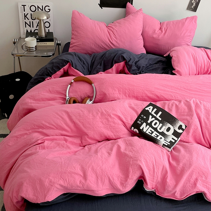 91家纺网 家纺一手货源 找家纺 卡斯诺家纺馆 2026新款水洗棉纯色双拼四件套（下载文件包含买家秀） 玫红藏青