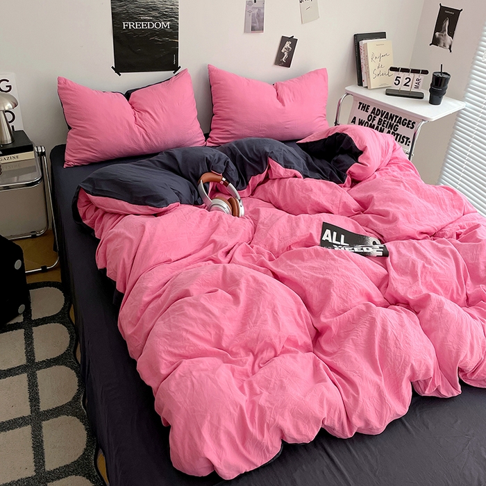 91家纺网 家纺一手货源 找家纺 卡斯诺家纺馆 2026新款水洗棉纯色双拼四件套（下载文件包含买家秀） 玫红藏青