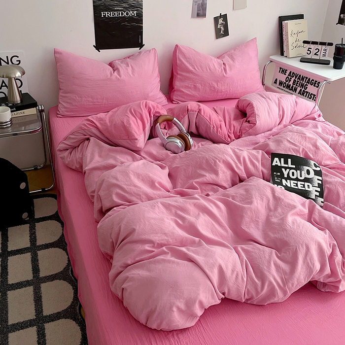 91家纺网 家纺一手货源 找家纺 卡斯诺家纺馆 2026新款水洗棉纯色双拼四件套（下载文件包含买家秀） 浅粉玫红