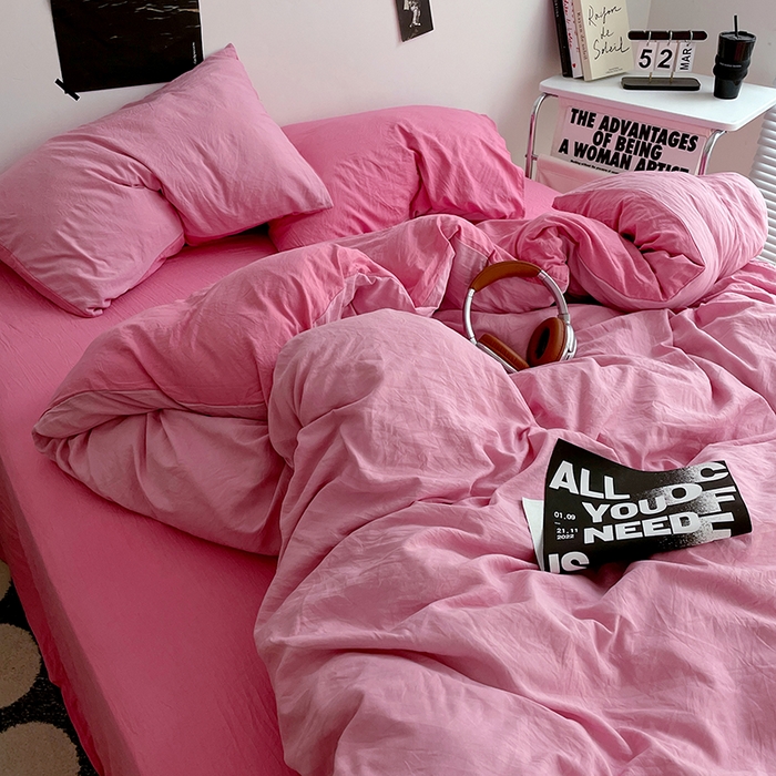 91家纺网 家纺一手货源 找家纺 卡斯诺家纺馆 2026新款水洗棉纯色双拼四件套（下载文件包含买家秀） 浅粉玫红