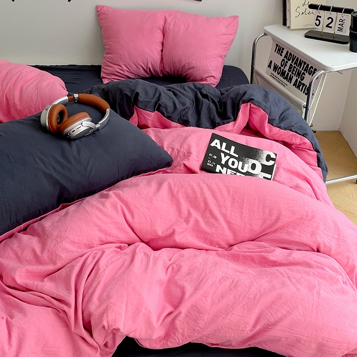 91家纺网 家纺一手货源 找家纺 卡斯诺家纺馆 2026新款水洗棉纯色双拼四件套（下载文件包含买家秀） 玫红藏青