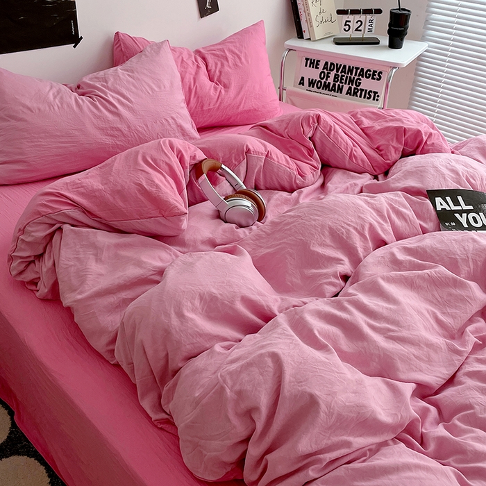 91家纺网 家纺一手货源 找家纺 卡斯诺家纺馆 2026新款水洗棉纯色双拼四件套（下载文件包含买家秀） 浅粉玫红