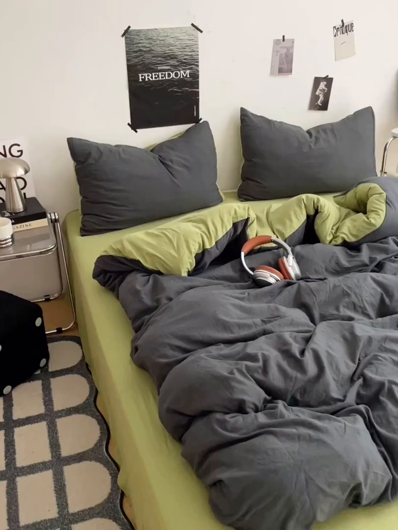 91家纺网 家纺一手货源 找家纺 卡斯诺家纺馆 2026新款水洗棉纯色双拼四件套（下载文件包含买家秀） 深灰茶绿