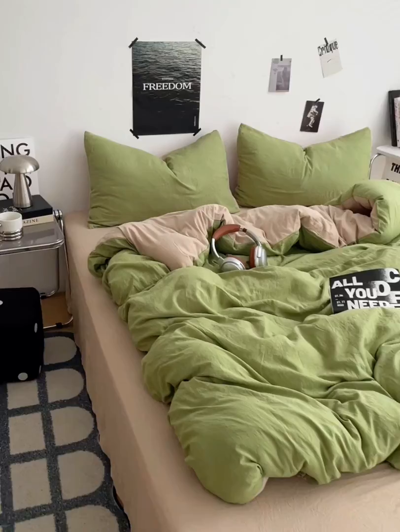 91家纺网 家纺一手货源 找家纺 卡斯诺家纺馆 2026新款水洗棉纯色双拼四件套（下载文件包含买家秀） 茶绿卡其