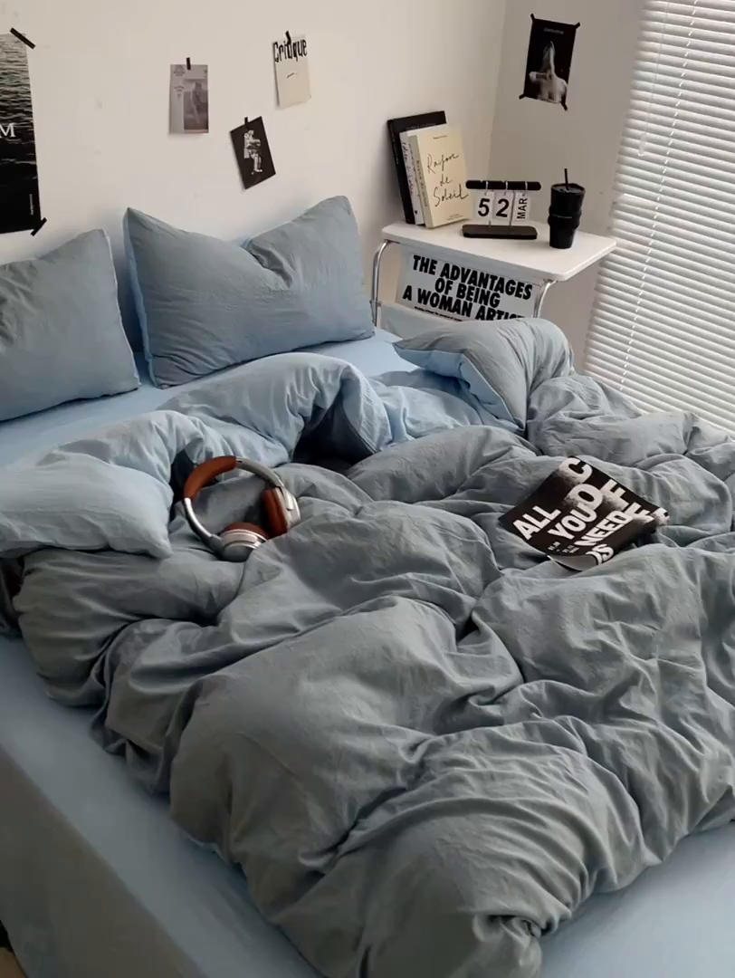 91家纺网 家纺一手货源 找家纺 卡斯诺家纺馆 2026新款水洗棉纯色双拼四件套（下载文件包含买家秀） 雾蓝天蓝