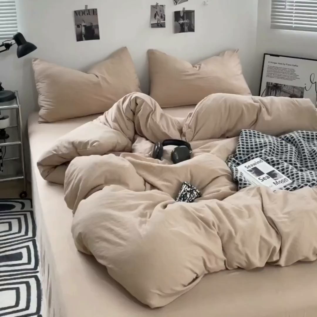 91家纺网 家纺一手货源 找家纺 卡斯诺家纺馆 2026新款水洗棉纯色双拼四件套（下载文件包含买家秀） 纯卡其