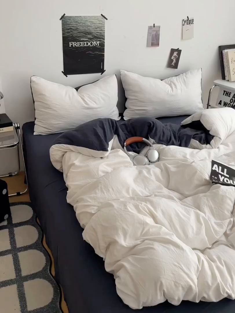 91家纺网 家纺一手货源 找家纺 卡斯诺家纺馆 2026新款水洗棉纯色双拼四件套（下载文件包含买家秀） 米白藏青