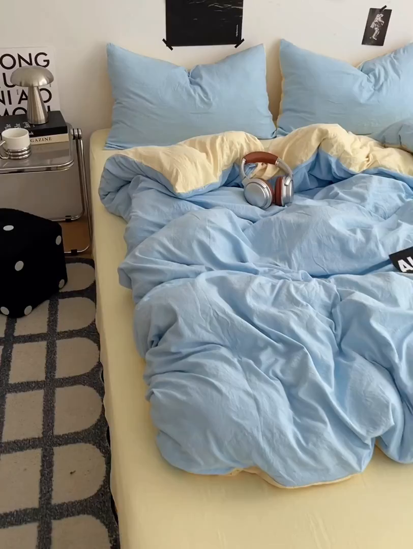 91家纺网 家纺一手货源 找家纺 卡斯诺家纺馆 2026新款水洗棉纯色双拼四件套（下载文件包含买家秀） 天蓝奶黄