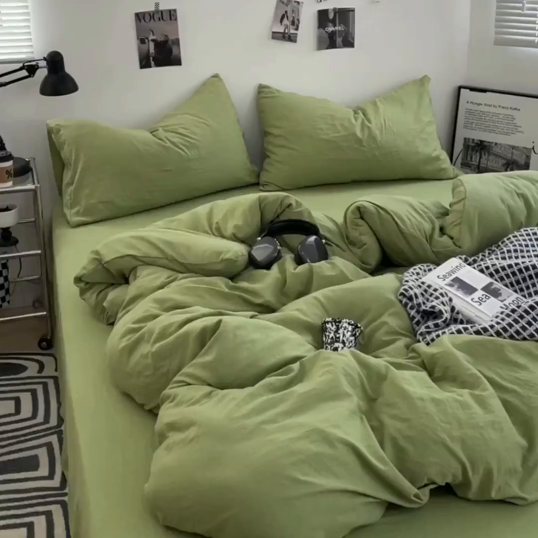 91家纺网 家纺一手货源 找家纺 卡斯诺家纺馆 2026新款水洗棉纯色双拼四件套（下载文件包含买家秀） 纯茶绿