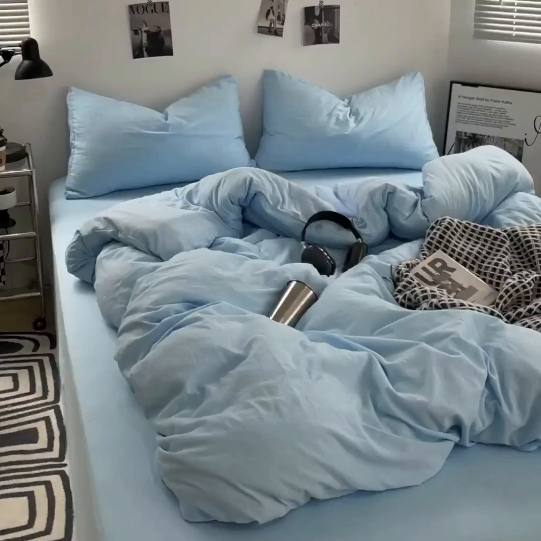 91家纺网 家纺一手货源 找家纺 卡斯诺家纺馆 2026新款水洗棉纯色双拼四件套（下载文件包含买家秀） 纯天蓝
