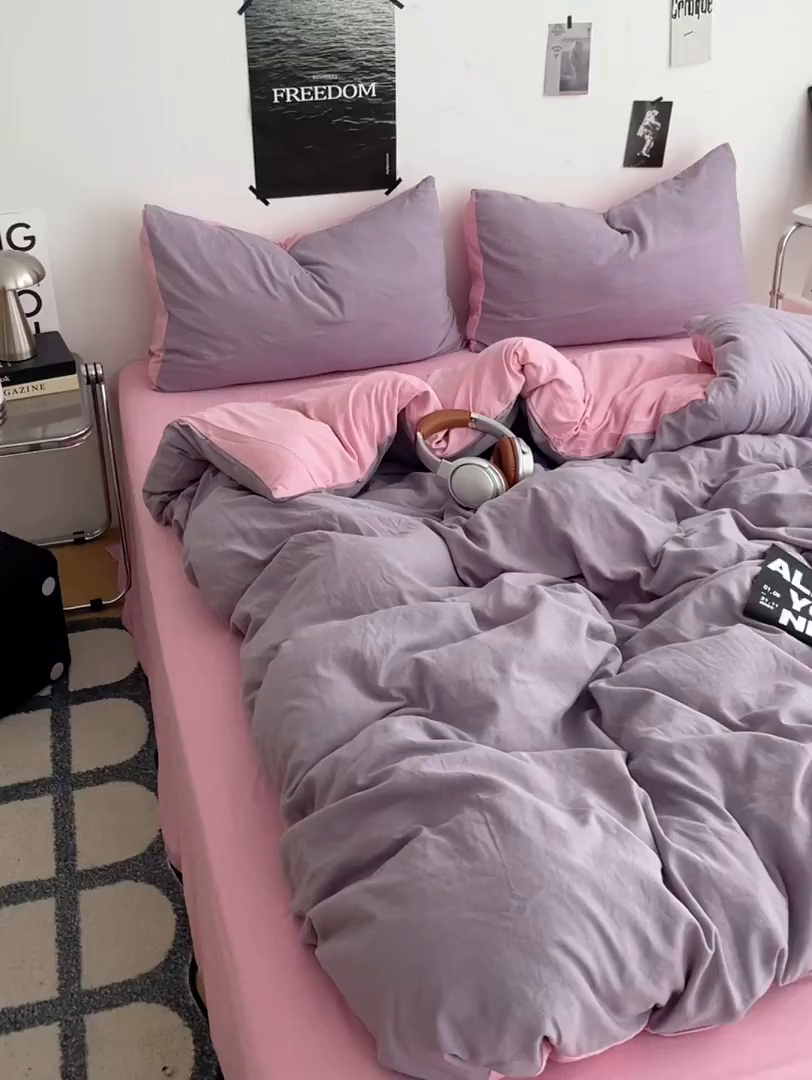91家纺网 家纺一手货源 找家纺 卡斯诺家纺馆 2026新款水洗棉纯色双拼四件套（下载文件包含买家秀） 魅紫浅粉