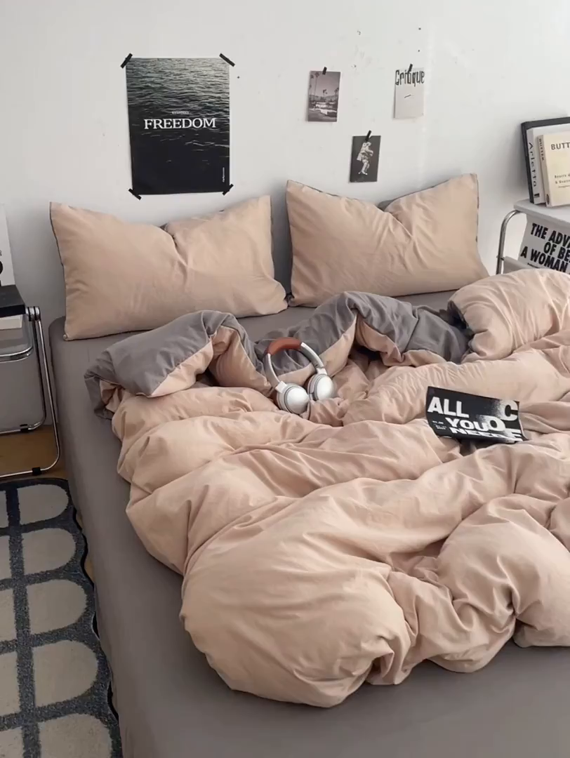 91家纺网 家纺一手货源 找家纺 卡斯诺家纺馆 2026新款水洗棉纯色双拼四件套（下载文件包含买家秀） 卡其银灰