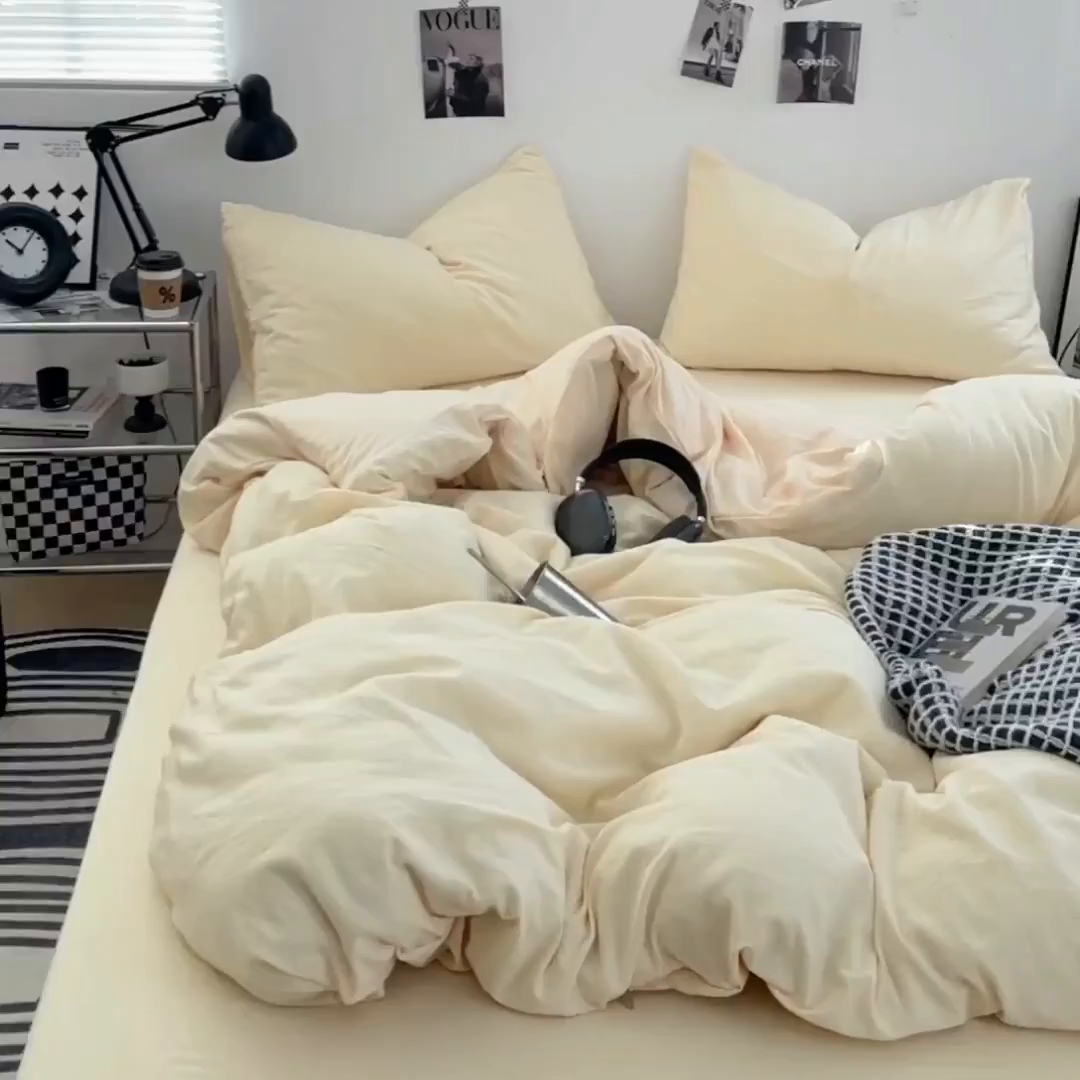 91家纺网 家纺一手货源 找家纺 卡斯诺家纺馆 2026新款水洗棉纯色双拼四件套（下载文件包含买家秀） 纯奶黄