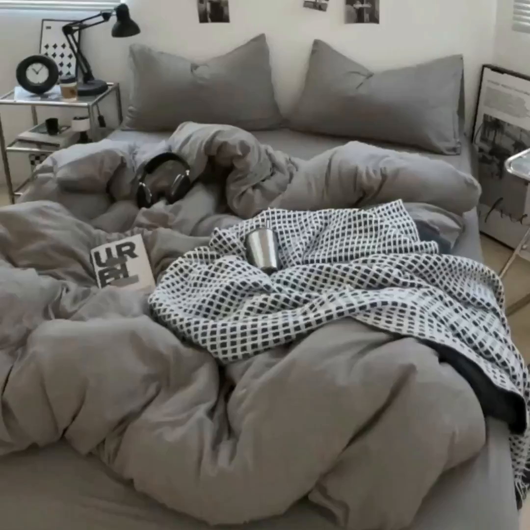 91家纺网 家纺一手货源 找家纺 卡斯诺家纺馆 2026新款水洗棉纯色双拼四件套（下载文件包含买家秀） 纯银灰