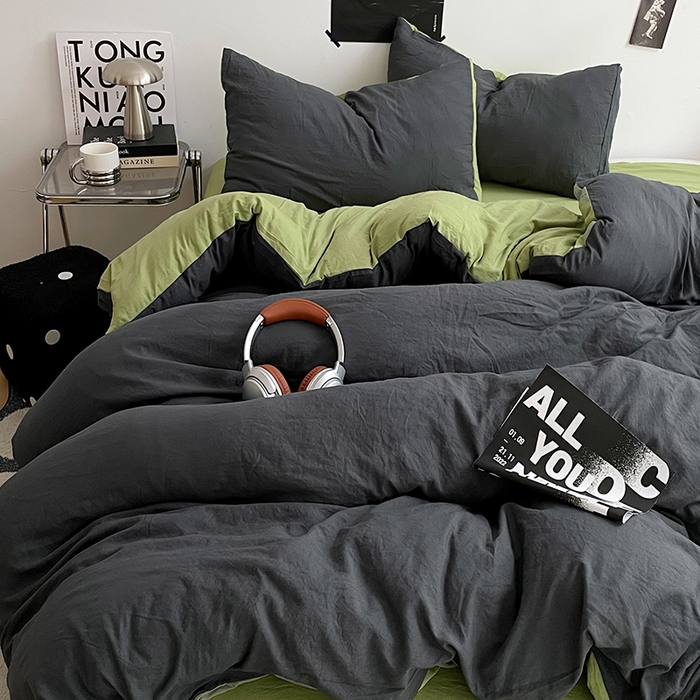 91家纺网 家纺一手货源 找家纺 卡斯诺家纺馆 2026新款水洗棉纯色双拼四件套（下载文件包含买家秀） 深灰茶绿