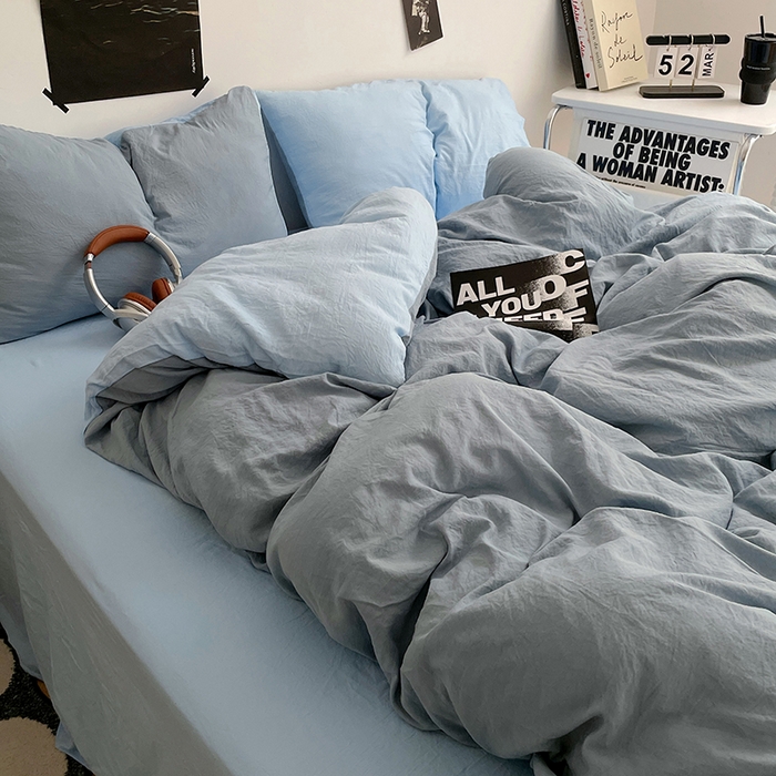 91家纺网 家纺一手货源 找家纺 卡斯诺家纺馆 2026新款水洗棉纯色双拼四件套（下载文件包含买家秀） 雾蓝天蓝