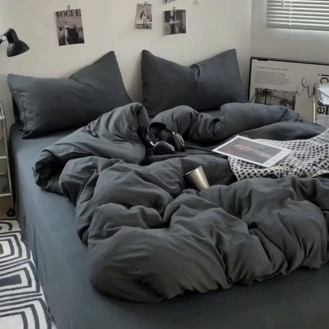 91家纺网 家纺一手货源 找家纺 卡斯诺家纺馆 2026新款水洗棉纯色双拼四件套（下载文件包含买家秀） 纯深灰