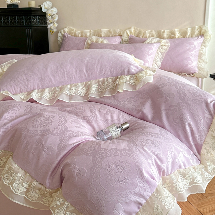 91家纺网 家纺一手货源 找家纺 （总）你好美丽 2026新款水洗棉提花双层雪纺花边四件套-梦甜系列