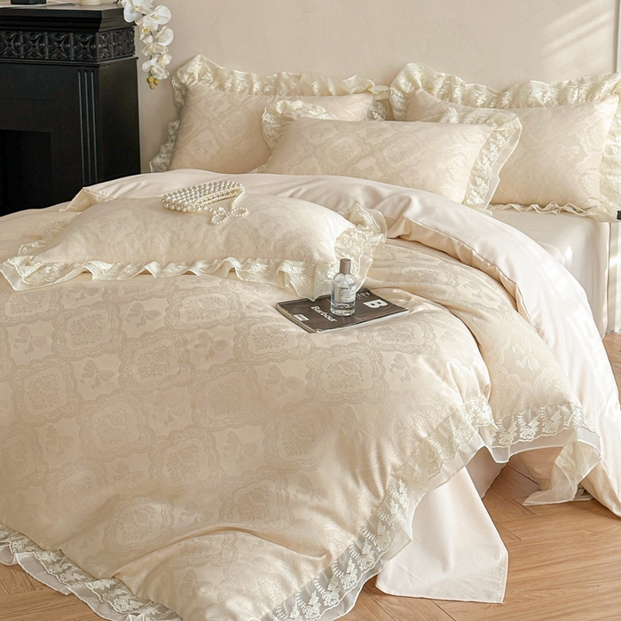 91家纺网 家纺一手货源 找家纺 （总）你好美丽 2026新款水洗棉提花双层雪纺花边四件套-梦甜系列