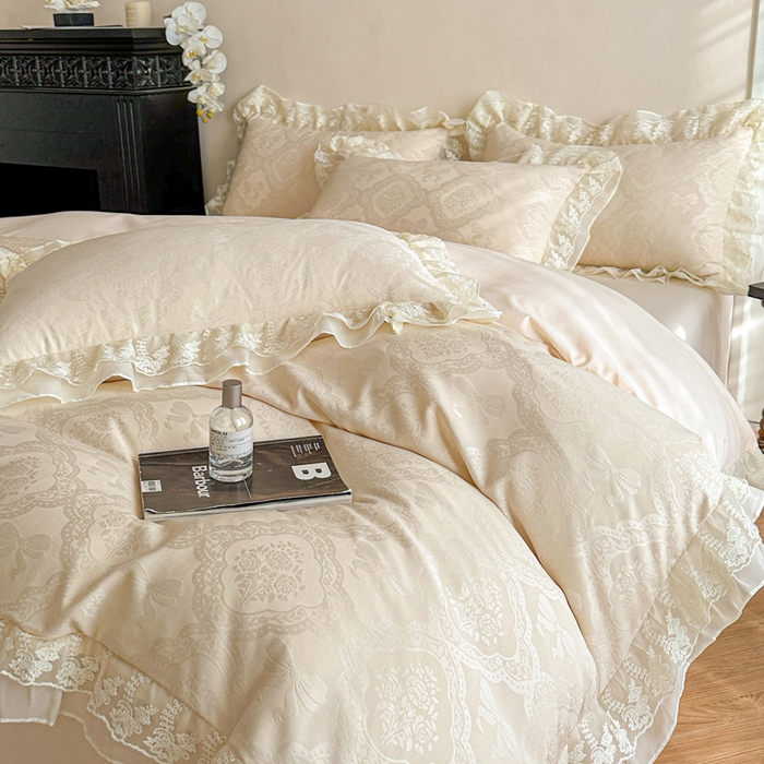 91家纺网 家纺一手货源 找家纺 （总）你好美丽 2026新款水洗棉提花双层雪纺花边四件套-梦甜系列