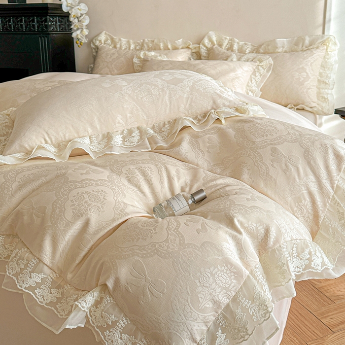 91家纺网 家纺一手货源 找家纺 （总）你好美丽 2026新款韩版刺绣水洗沐格简麻花边系列四件套