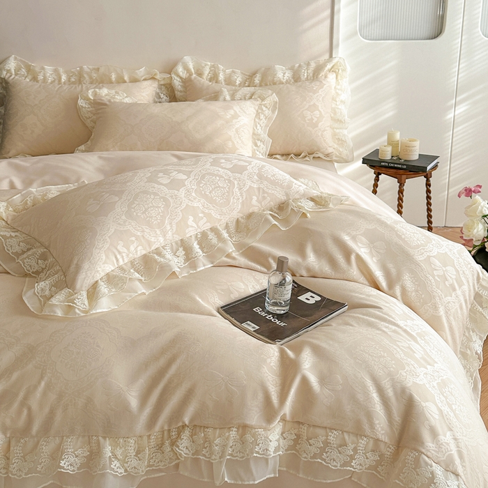 91家纺网 家纺一手货源 找家纺 （总）你好美丽 2026新款水洗棉提花双层雪纺花边四件套-梦甜系列