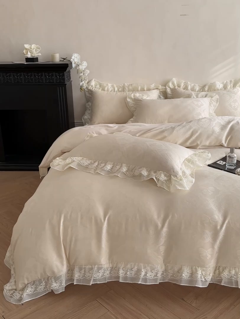 91家纺网 家纺一手货源 找家纺 （总）你好美丽 2026新款水洗棉提花双层雪纺花边四件套-梦甜系列