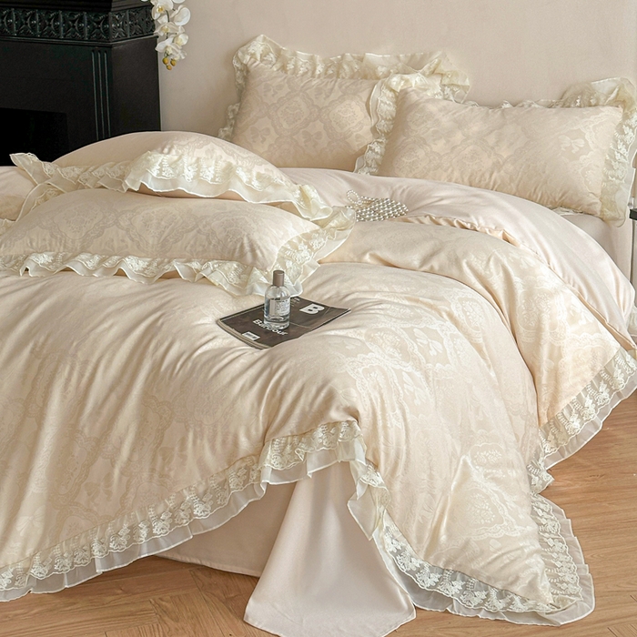 91家纺网 家纺一手货源 找家纺 你好美丽 2026新款水洗棉提花双层雪纺花边四件套-梦甜系列 梦甜杏